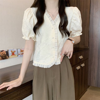 Jacquard V-Neck Blouse Frill Short-Sleeve