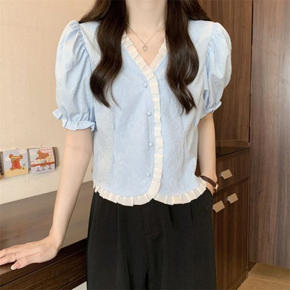 Jacquard V-Neck Blouse Frill Short-Sleeve