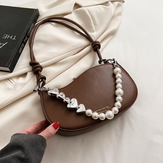 Faux Leather Faux Pearl Strap Shoulder Bag