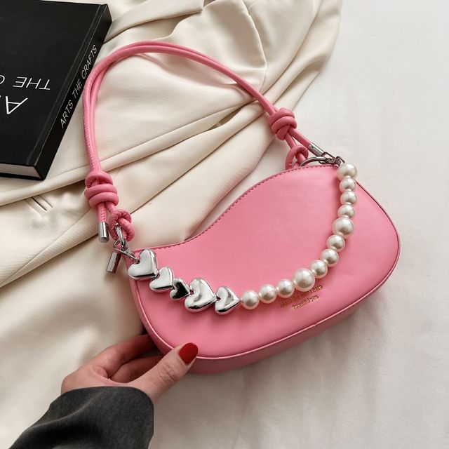 Faux Leather Faux Pearl Strap Shoulder Bag