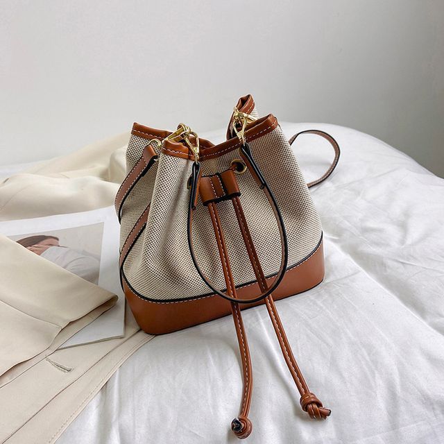 Faux Leather Panel Drawstring Bucket Bag