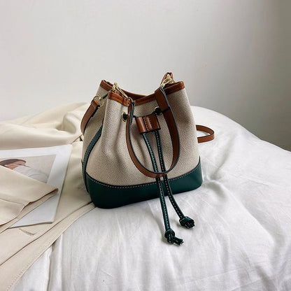 Faux Leather Panel Drawstring Bucket Bag