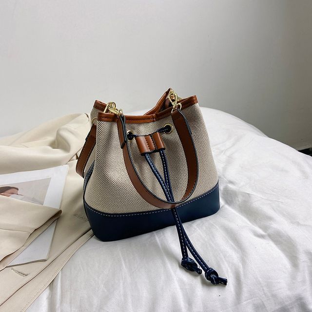 Faux Leather Panel Drawstring Bucket Bag