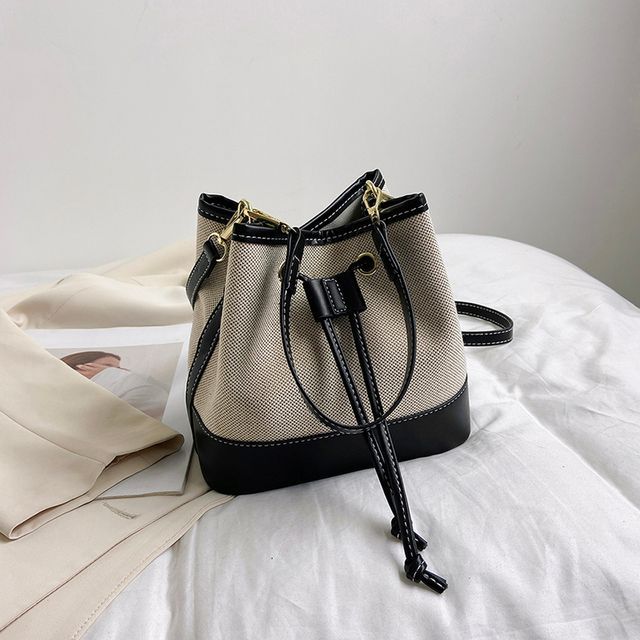 Faux Leather Panel Drawstring Bucket Bag