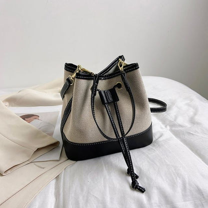 Faux Leather Panel Drawstring Bucket Bag