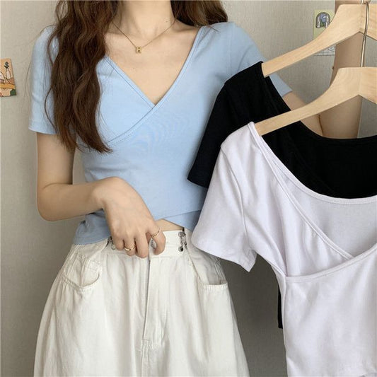 T-Shirt Crop Wrap Short-Sleeve Plain V-Neck