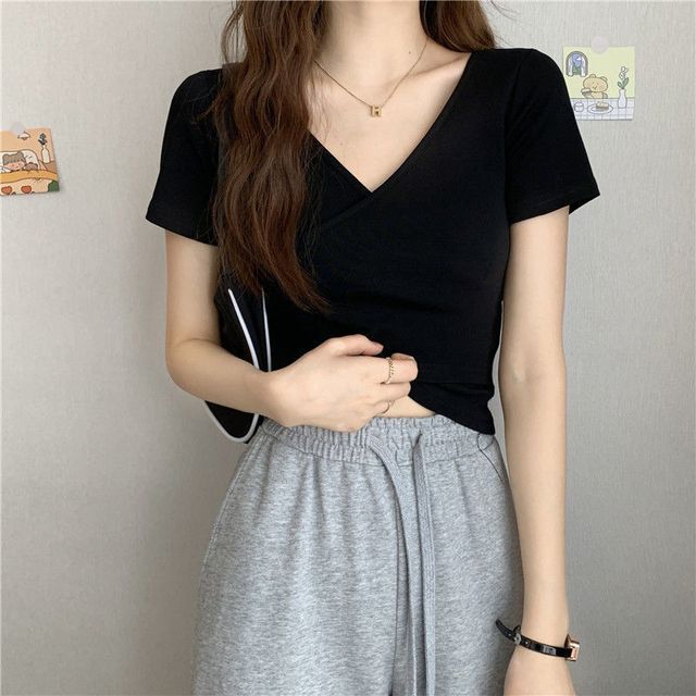 T-Shirt Crop Wrap Short-Sleeve Plain V-Neck