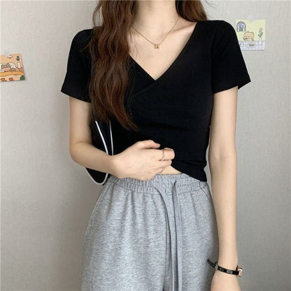 T-Shirt Crop Wrap Short-Sleeve Plain V-Neck