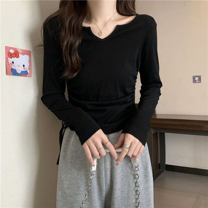 V-Neck T-Shirt Plain Long-Sleeve Drawstring