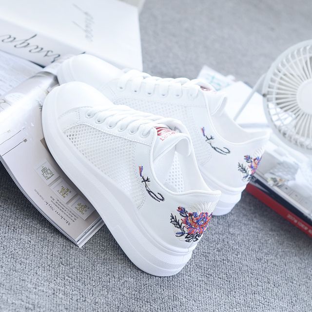 Floral Embroidered Mesh Panel Platform Sneakers