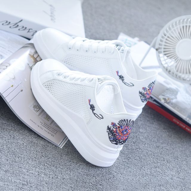 Floral Embroidered Mesh Panel Platform Sneakers