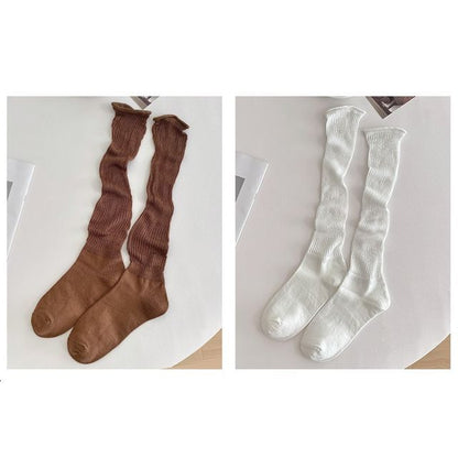 Set of 2 Pairs: Plain Ribbed Shirred Tall Socks