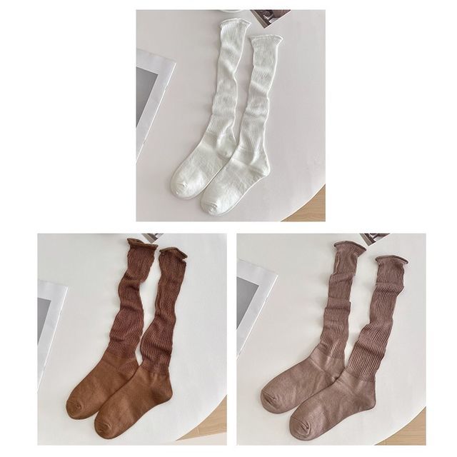 Set of 2 Pairs: Plain Ribbed Shirred Tall Socks