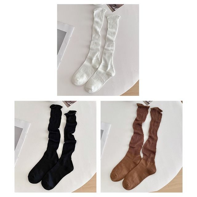 Set of 2 Pairs: Plain Ribbed Shirred Tall Socks