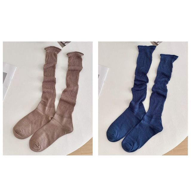 Set of 2 Pairs: Plain Ribbed Shirred Tall Socks