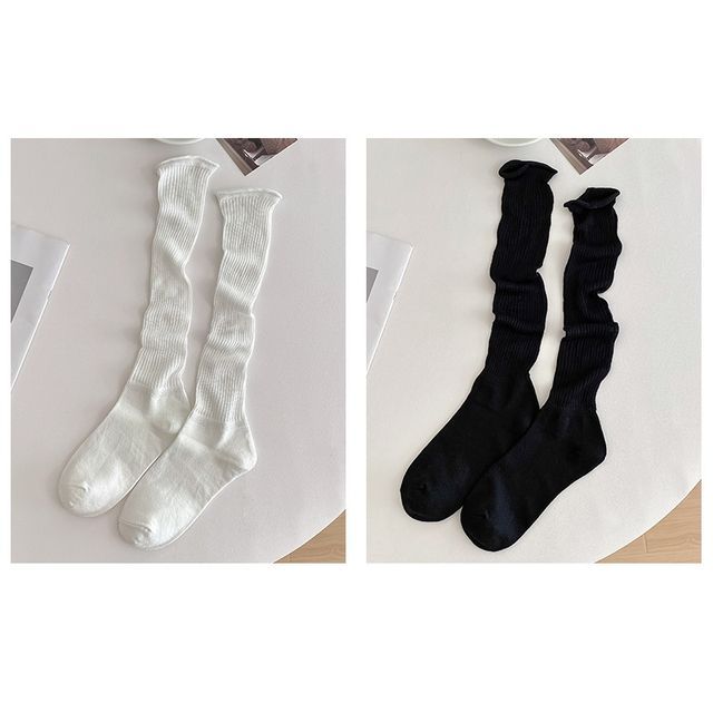 Set of 2 Pairs: Plain Ribbed Shirred Tall Socks