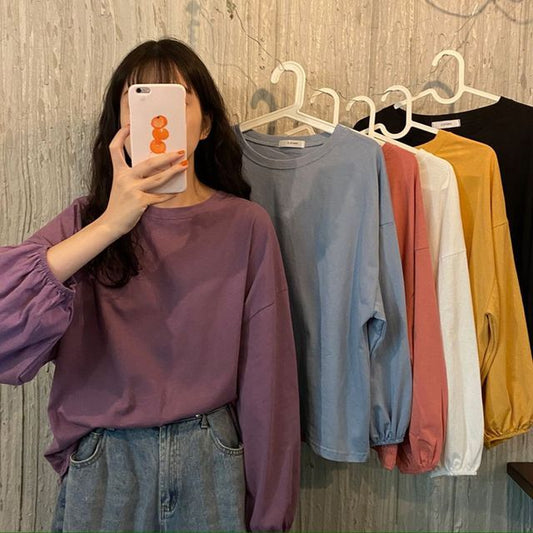 Sleeve Balloon Plain Neck Tee Round