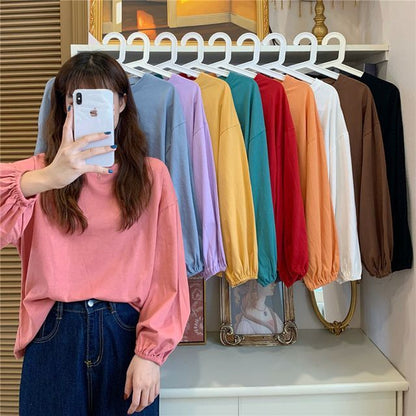 Round Balloon Sleeve Neck T-Shirt Plain