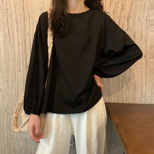 Sleeve Balloon Plain Neck Tee Round