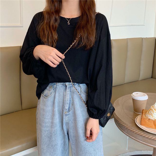 Round Balloon Sleeve Neck T-Shirt Plain