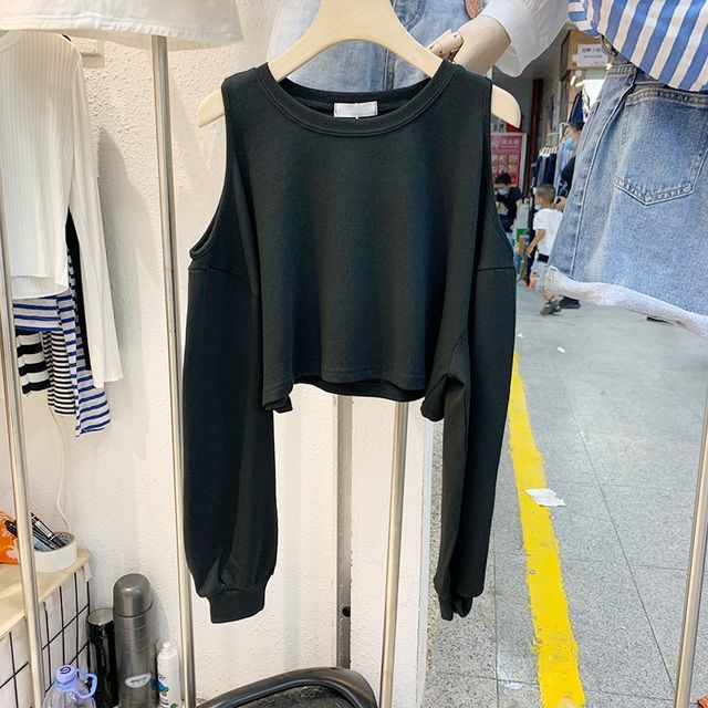 Cold Plain Tee Crop Shoulder Long-Sleeve