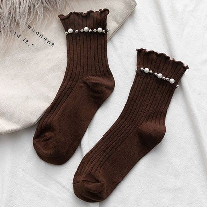 Plain Faux Pearl Beaded Short Socks