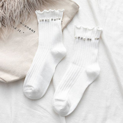 Plain Faux Pearl Beaded Short Socks