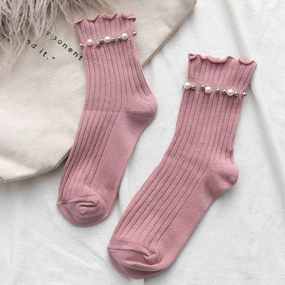 Plain Faux Pearl Beaded Short Socks