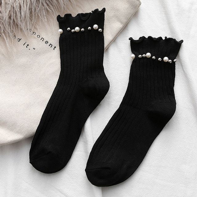 Plain Faux Pearl Beaded Short Socks