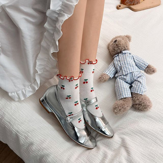 Ruffled Cherry Printed Socks