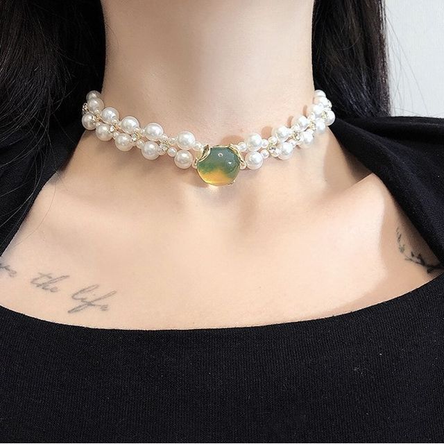 Gemstone Pearl Alloy Choker Faux