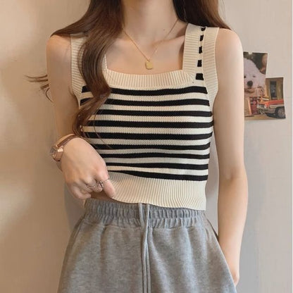 Neck Crop Tank Top Square Striped