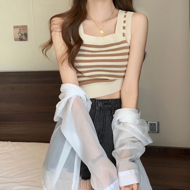 Neck Crop Tank Top Square Striped