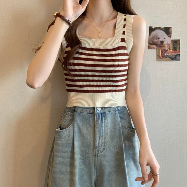Neck Crop Tank Top Square Striped