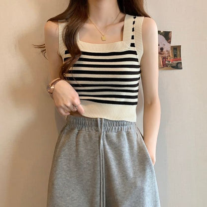 Neck Crop Tank Top Square Striped