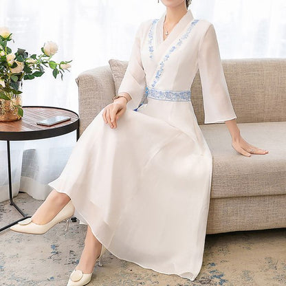 3/4-Sleeve V-Neck Floral Embroidered Tasseled Midi A-Line Dress