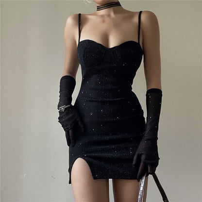 Dress Rhinestone Gloves Spaghetti Bodycon Strap Mini Neckline Set: + Long Sweetheart