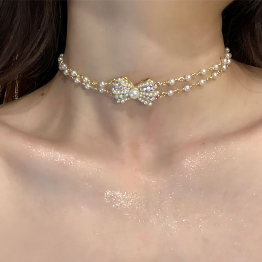 Choker Alloy Faux Layered Bow Pearl