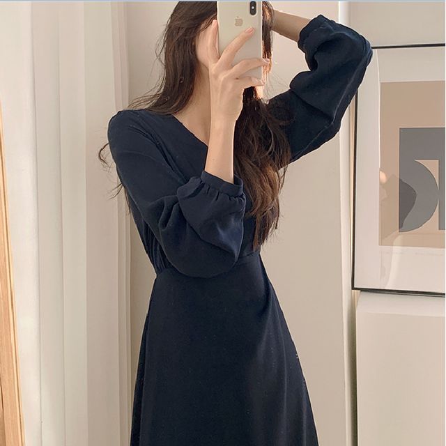 Long-Sleeve V-Neck Wrap Plain Midi Dress