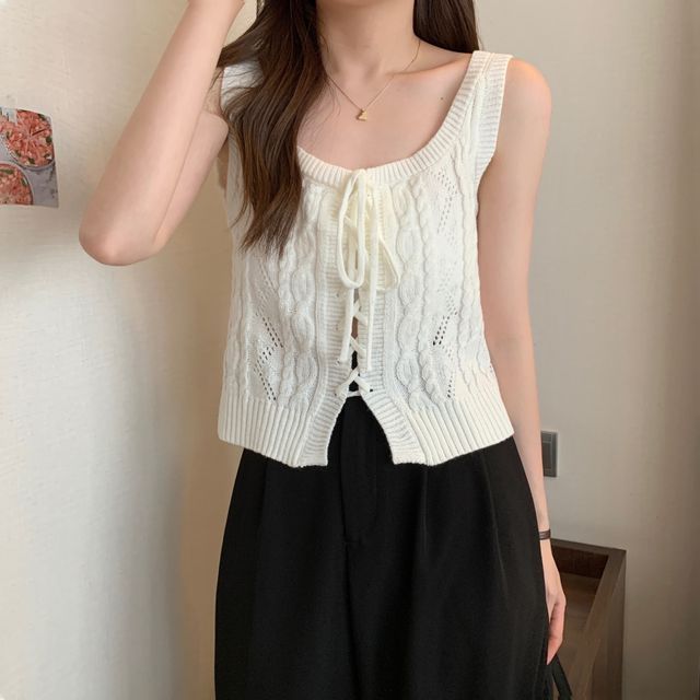 Vest Cable-Knit Knit Lace-Up