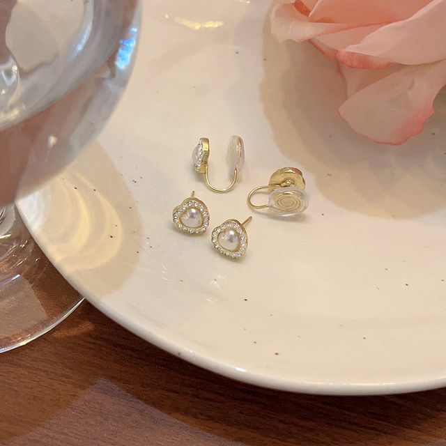 / Heart Faux Earring Clip-On Stud Rhinestone Pearl