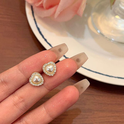 / Heart Faux Earring Clip-On Stud Rhinestone Pearl