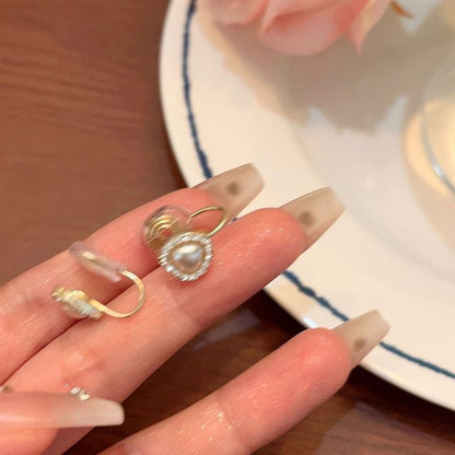 / Heart Faux Earring Clip-On Stud Rhinestone Pearl