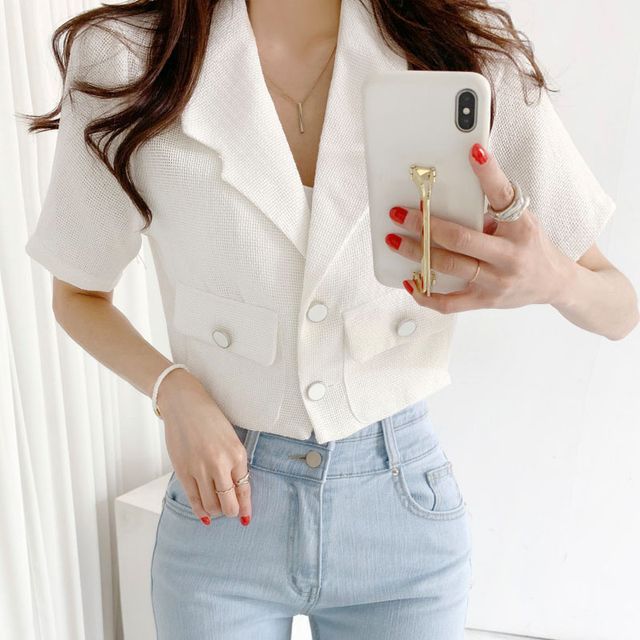 Short-Sleeve Lapel Collar Button Blazer