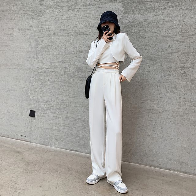 High Rise Plain Wide Leg Suit Pants