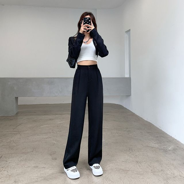 High Waist Plain Wide Leg Slacks