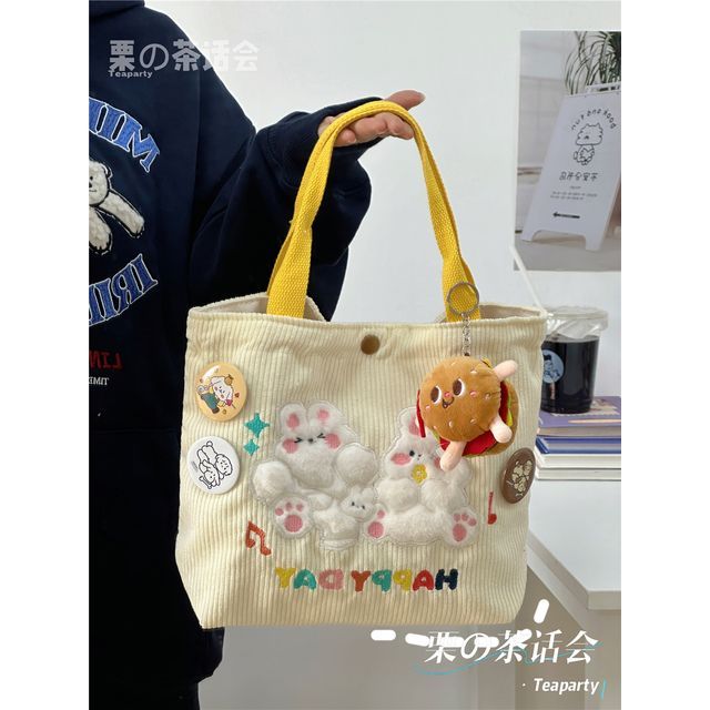 Cartoon Embroidered Tote Bag / Bag Charm / Set