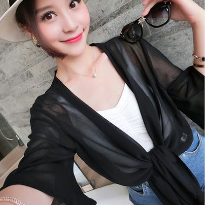 Chiffon Jacket Elbow-Sleeve Tie Crop Front Plain