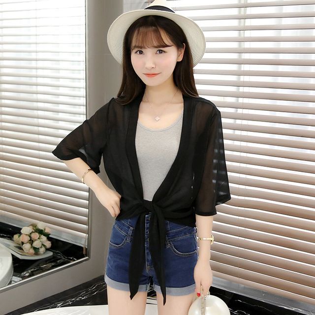 Elbow-Sleeve Tie Front Jacket Plain Chiffon Crop