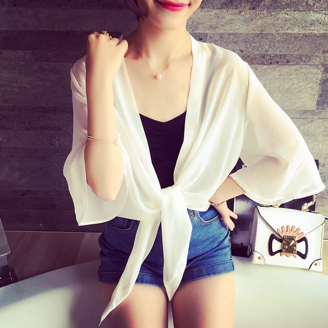 Chiffon Jacket Elbow-Sleeve Tie Crop Front Plain